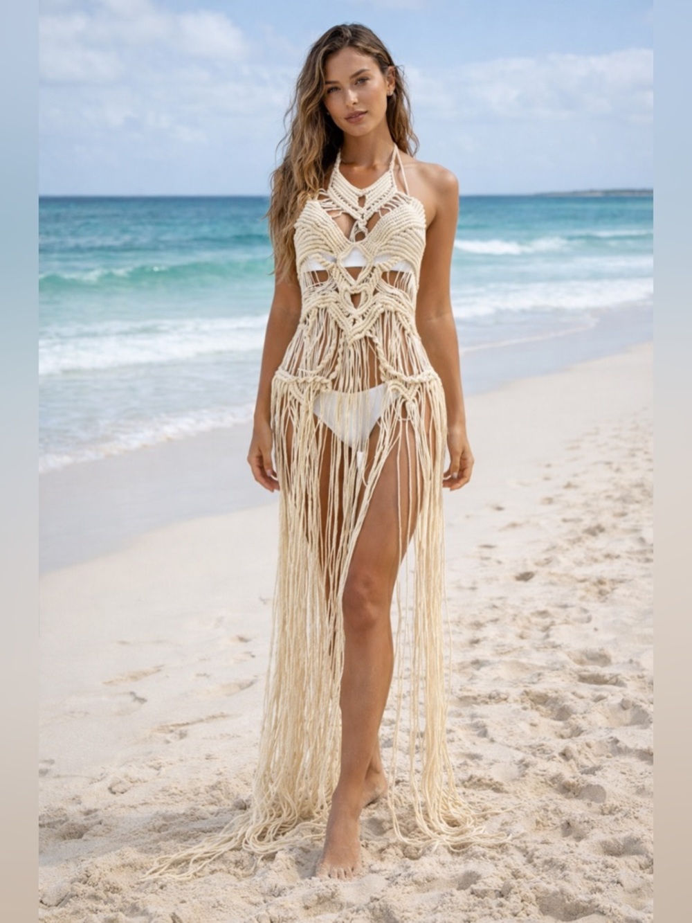 Women’s Crochet Fringe Swim Coverup - Cream